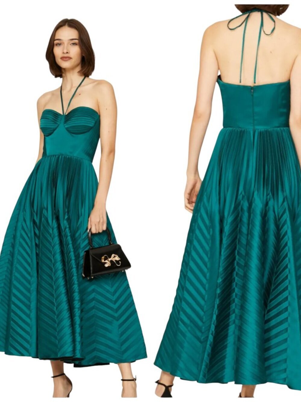 Marchesa Notte Green Satin Pleated Halter Midi Dress Sample 10